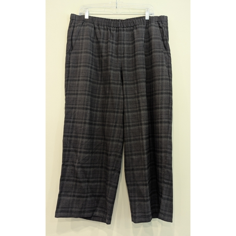 NWT Eileen Fisher Heathered Stretch Flannel Plaid Wide Cropped Pants Size Large